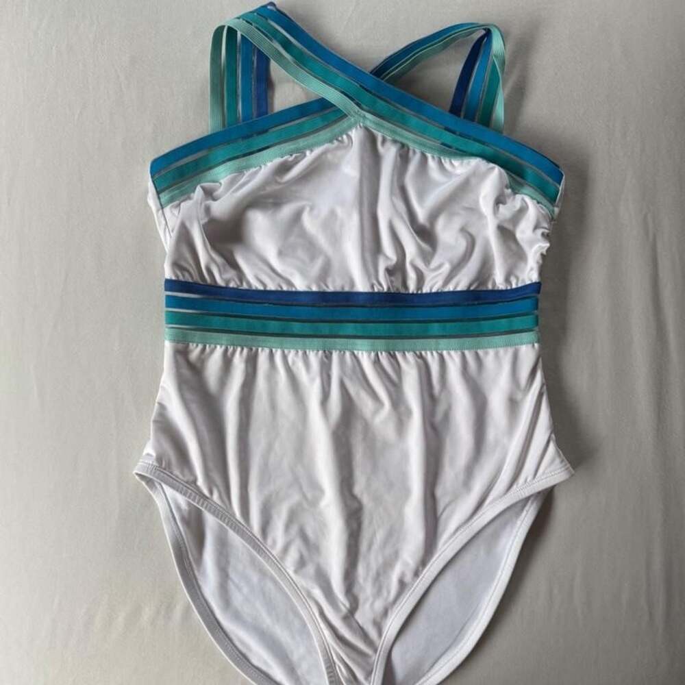 Kenneth Cole New York Strappy Mesh One Piece Swimsuit White Blue XL